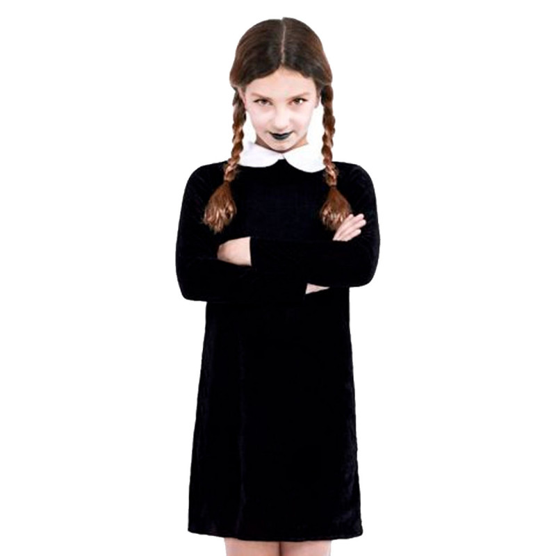 Tradineur - Disfraz infantil de Miércoles Addams, modelo Strange Girl sencillo, poliéster, incluye vestido, Halloween, carnaval, Tradineur - Disfraz infantil de Miércoles Addams, modelo Strange Girl sencillo, poliéster, incluye vestido, Halloween, carnaval,