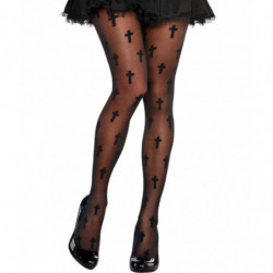 Tradineur - Pantis con cruces, negro, 90% poliéster y 10% licra, complemento para disfraz de monja sexy, carnaval, Halloween, co