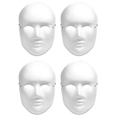 Tradineur - Pack de 4 Máscaras Blancas para Halloween - Fabricado en Plástico - Complemento para Disfraces - Talla Unica