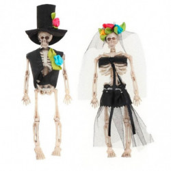 Tradineur - Pack de 2 Esqueletos vestidos de novios - Adorno para Halloween - Fabricado en plástico - Vestidos de Negro con Flor