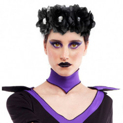 Tradineur - Cinta para pelo con rosas negras y calaveras, poliéster y plástico, complemento para disfraz de carnaval, Halloween,