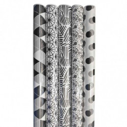 Tradineur - Pack de 5 rollos de papel de regalo, modelo Black & White, láminas para envolver regalos de cumpleaños, Navidad, 70