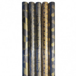 Tradineur - Pack de 5 rollos de papel de regalo, modelo Black & Gold, láminas para envolver regalos de cumpleaños, Navidad, 70 x