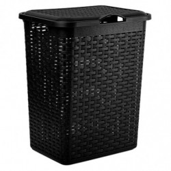 Tradineur - Cesto rattan para ropa sucia con tapa y asas, pongotodo de plástico, cubo para colada, imitación de mimbre, fabricad