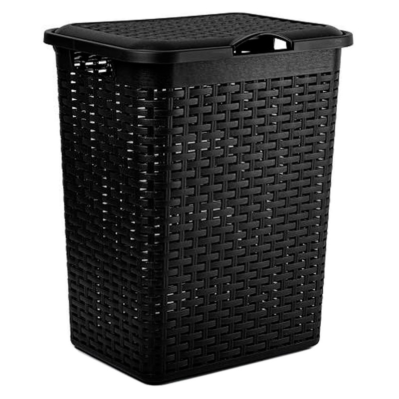 Tradineur - Cesto rattan para ropa sucia con tapa y asas, pongotodo de plástico, cubo para colada, imitación de mimbre, fabricad