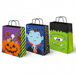 Tradineur - Pack de 3 bolsas de papel con asas para regalos, modelo Halloween, dulces, caramelos, fiestas, decoración festiva -