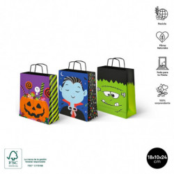 Tradineur - Pack de 3 bolsas de papel con asas para regalos, modelo Halloween, dulces, caramelos, fiestas, decoración festiva -