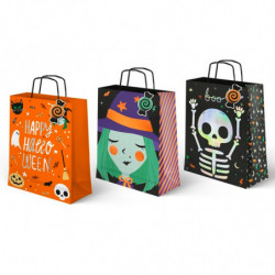 Tradineur - Pack de 3 bolsas de papel con asas para regalos, modelo Truco o Trato, dulces, caramelos, fiestas, decoración festiv