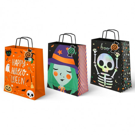 Tradineur - Pack de 3 bolsas de papel con asas para regalos, modelo Truco o Trato, dulces, caramelos, fiestas, decoración festiv