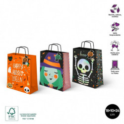 Tradineur - Pack de 3 bolsas de papel con asas para regalos, modelo Truco o Trato, dulces, caramelos, fiestas, decoración festiv
