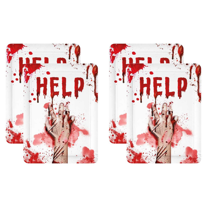 Tradineur - Pack de 4 bandejas de cartón decoradas con manchas de sangre, Help, biodegradables y reciclables, fiestas, decoració