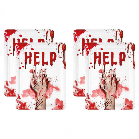 Tradineur - Pack de 4 bandejas de cartón decoradas con manchas de sangre, Help, biodegradables y reciclables, fiestas, decoració