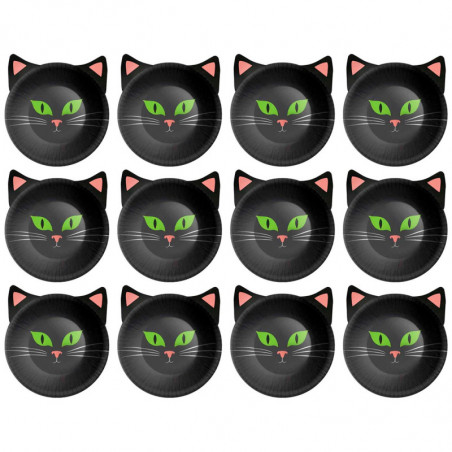 Tradineur - Pack de 12 Cuencos de cartón para Halloween - Capacidad 350 ml - Forma de Gato - Totalmente desechables y Reciclable