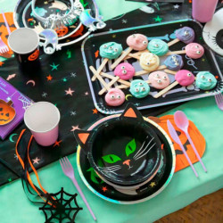 Tradineur - Pack de 12 Cuencos de cartón para Halloween - Capacidad 350 ml - Forma de Gato - Totalmente desechables y Reciclable