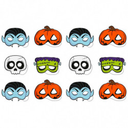Tradineur - Pack de 12 Máscaras Truco o trato para halloween - Varios diseños: Calavera, Vampiro, Calabaza y Frankenstein - 14 x