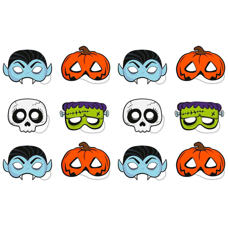 Tradineur - Pack de 12 Máscaras Truco o trato para halloween - Varios diseños: Calavera, Vampiro, Calabaza y Frankenstein - 14 x Tradineur - Pack de 12 Máscaras Truco o trato para halloween - Varios diseños: Calavera, Vampiro, Calabaza y Frankenstein - 14 x