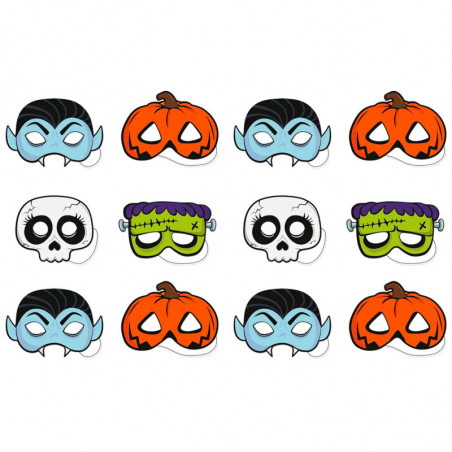 Tradineur - Pack de 12 Máscaras Truco o trato para halloween - Varios diseños: Calavera, Vampiro, Calabaza y Frankenstein - 14 x