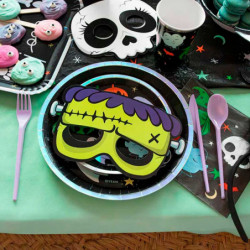 Tradineur - Pack de 12 Máscaras Truco o trato para halloween - Varios diseños: Calavera, Vampiro, Calabaza y Frankenstein - 14 x