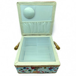 Tradineur - Caja de Costura Portátil Cuadrada - Fabricado en Madera y Poliéster - Cuenta con Bandeja de 4 Compartimentos - Ideal