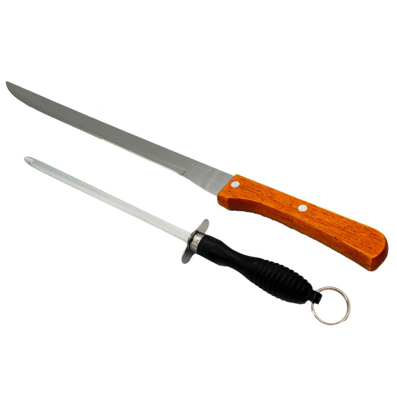 Tradineur - Set de cuchillo jamonero y afilador, acero inoxidable, hoja de 24 cm, mango ergonómico, cortado de jamón, corte prec Tradineur - Set de cuchillo jamonero y afilador, acero inoxidable, hoja de 24 cm, mango ergonómico, cortado de jamón, corte prec