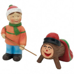 Tradineur - Set de 2 Figuras Pastor niño y Tió para Belén - Estilo Naïf - Fabricado en Marmolina - Adorno divertido para nacimie