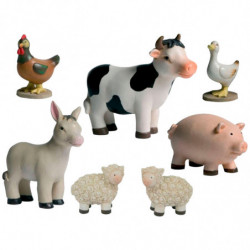 Tradineur - Set de 7 Figuras de animales para Belén - Vaca, Burro, Gallo, Pato y 2 ovejas - Adorno divertido para nacimiento, Na