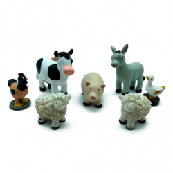 Tradineur - Set de 7 Figuras de animales para Belén - Vaca, Burro, Gallo, Pato y 2 ovejas - Adorno divertido para nacimiento, Na