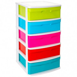 Tradineur - Cajonera de plástico Sena, 5 cajones multicolor, torre de ordenación multiusos, almacenaje, escuela, hogar, fabricad