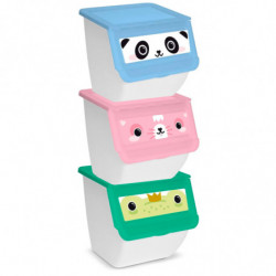 Tradineur - Pack de 3 contenedores apilables de plástico, cajas almacenaje basura, reciclaje y ordenación (Oso Panda, Conejo y R