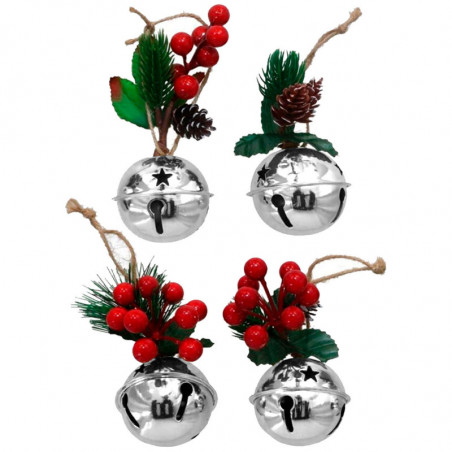 Tradineur - Pack de 4 Cascabeles Colgantes con Piñas - Fabricado en Plástico - Decoración navideña - Ø 6 cm - Color Plata - Mode