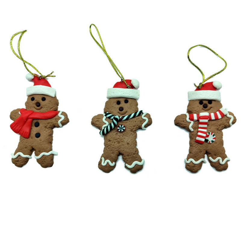 Tradineur - Pack de 3 colgantes de figura de galletas de jengibre - Fabricado en Plástico - Cordón dorado - Artículo para decora Tradineur - Pack de 3 colgantes de figura de galletas de jengibre - Fabricado en Plástico - Cordón dorado - Artículo para decora