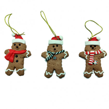 Tradineur - Pack de 3 colgantes de figura de galletas de jengibre - Fabricado en Plástico - Cordón dorado - Artículo para decora