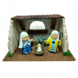 Tradineur - Cueva de nacimiento con 3 figuras: María, José y el Niño Jesús para Belén - Estilo Naïf - Marmolina - Adorno diverti