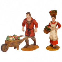 Tradineur - Set de 2 Figuras para belén: Carretillero y mujer con cesta - Fabricado en Marmolina - Adorno decorativo para nacimi
