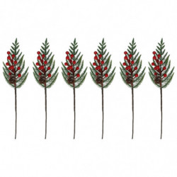 Tradineur - Pack de 6 pick de pino con bayas rojas escarchadas - Fabricado en Plástico - Decoración navideña - 36 cm de logitud