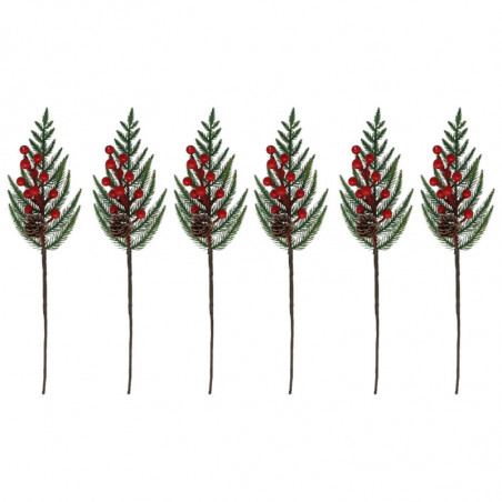 Tradineur - Pack de 6 pick de pino con bayas rojas escarchadas - Fabricado en Plástico - Decoración navideña - 36 cm de logitud