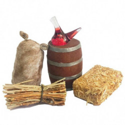 Tradineur - Pack de utensilios para Belén de resina, incluye barril, saco, paca de paja, madera y porrón de vino, nacimiento, pe