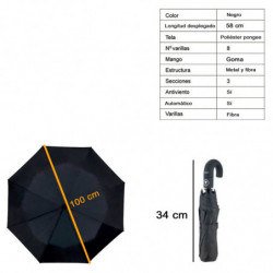 Tradineur - Paraguas plegable de caballero, poliéster, mango curvo de goma, automático y antiviento, 8 varillas de fibra, ligero