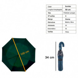 Tradineur - Paraguas plegable de mujer, poliéster, mango curvo de goma, automático y antiviento, 8 varillas de fibra, ligero y r