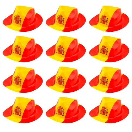 Tradineur - Pack de 12 sombreros vaqueros con diseño de bandera de España - Fabricación 100% plático - para jóvenes y adultos - 