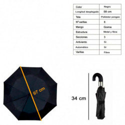 Tradineur - Paraguas plegable de caballero, poliéster, mango curvo de goma, automático y antiviento, 8 varillas de fibra, ligero