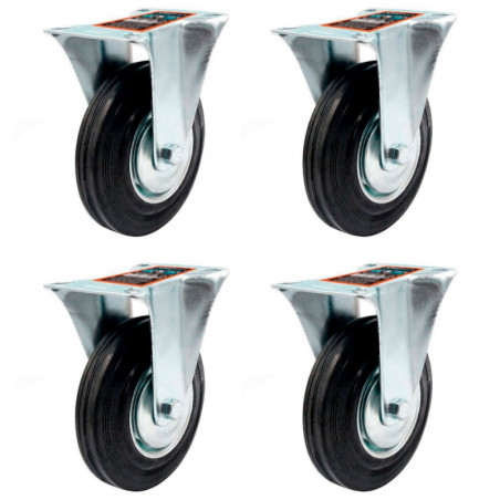 Tradineur - Pack de 4 ruedas fijas para muebles, goma y hierro, incluyen placa de montaje, rueda de transporte para cargas pesad