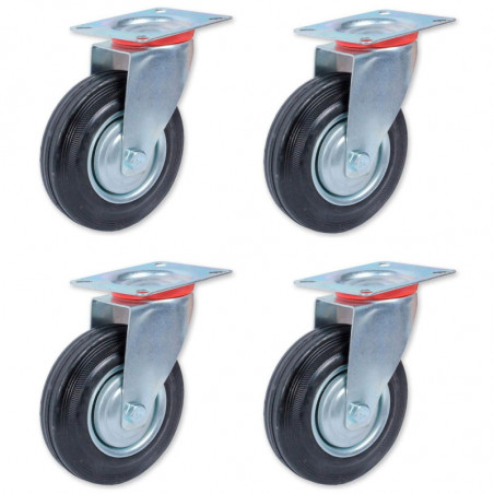 Tradineur - Pack de 4 ruedas giratorias para muebles, goma y hierro, incluyen placa de montaje, rueda de transporte para cargas