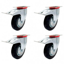 Tradineur - Pack de 4 ruedas giratorias con freno para muebles, goma y hierro, incluyen placa de montaje, rueda de transporte pa
