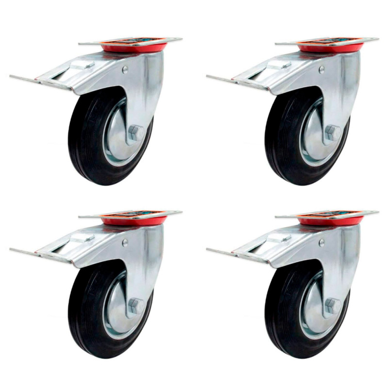 Tradineur - Pack de 4 ruedas giratorias con freno para muebles, goma y hierro, incluyen placa de montaje, rueda de transporte pa Tradineur - Pack de 4 ruedas giratorias con freno para muebles, goma y hierro, incluyen placa de montaje, rueda de transporte pa