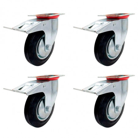 Tradineur - Pack de 4 ruedas giratorias con freno para muebles, goma y hierro, incluyen placa de montaje, rueda de transporte pa