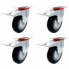 Tradineur - Pack de 4 ruedas giratorias con freno para muebles, goma y hierro, incluyen placa de montaje, rueda de transporte pa