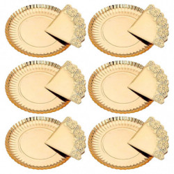 Tradineur - Pack de 6 bandejas redondas de cartón con blonda, fuente reciclable para pasteles con encaje de papel, decoración de