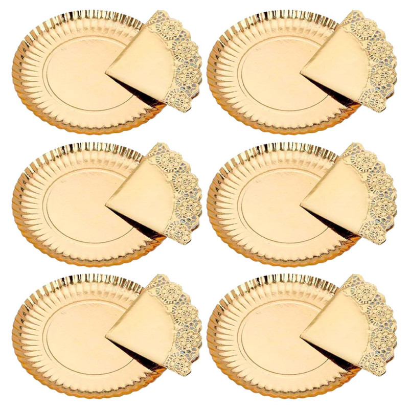 Tradineur - Pack de 6 bandejas redondas de cartón con blonda, fuente reciclable para pasteles con encaje de papel, decoración de Tradineur - Pack de 6 bandejas redondas de cartón con blonda, fuente reciclable para pasteles con encaje de papel, decoración de
