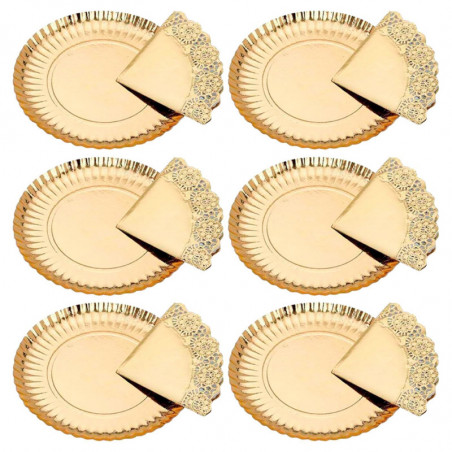Tradineur - Pack de 6 bandejas redondas de cartón con blonda, fuente reciclable para pasteles con encaje de papel, decoración de